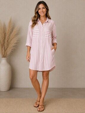 Karisma 100% Cotton Pink & White Striped Shirt Dress Swim Cover Up 1